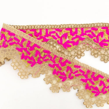 Gold Sheer Tissue Fabric Cutwork Trim with Embroidery in Gold and Fuchsia Pink, Scallop Trim, Fringe Trim